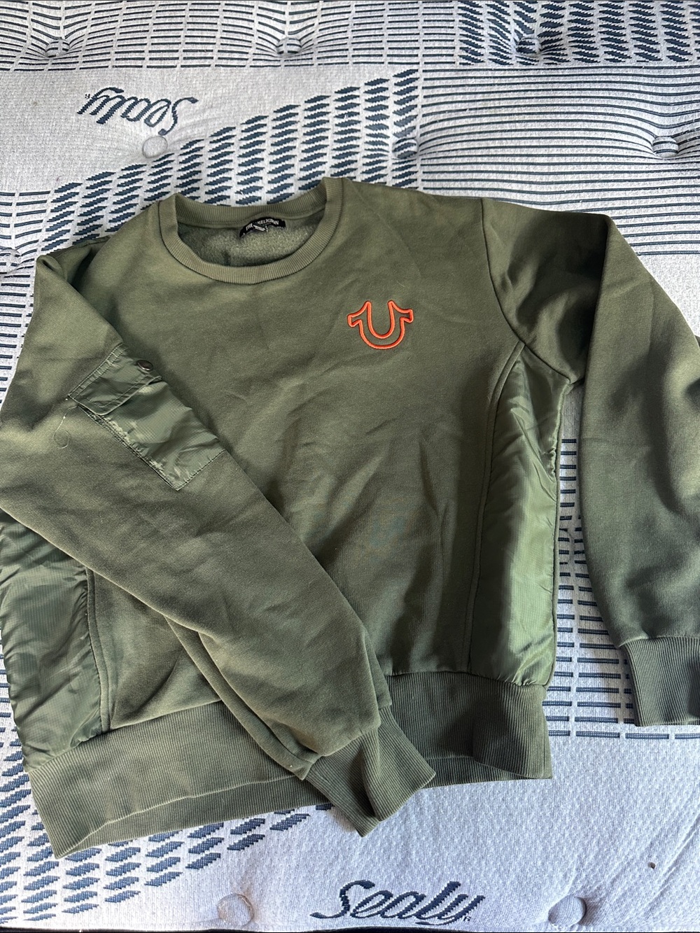 True Religion Women’s Olive Green Crewneck with Orange Logo